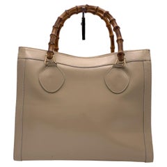Gucci Retro Beige Patent Leather Bamboo Princess Diana Tote Bag