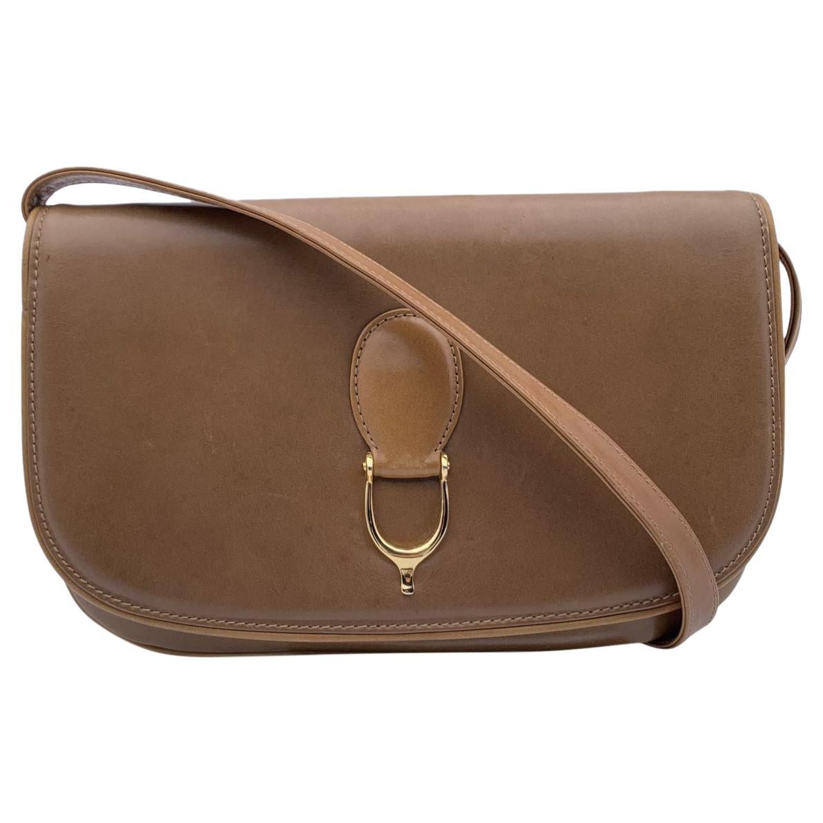Gucci Vintage Beige Tan Leather Flap Shoulder Bag with Stirrup