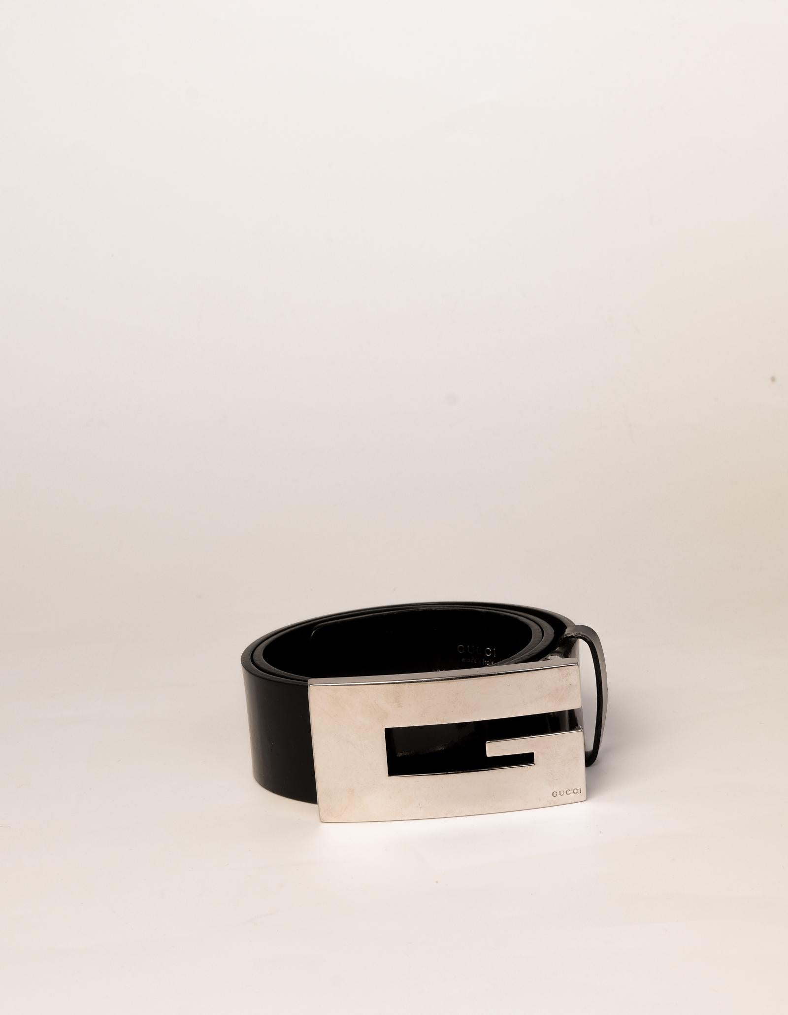 Tom Ford for Gucci vintage black leather belt with silver toned logo 