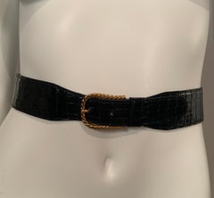 Gucci Vintage Black Alligator Belt Gold Toned Rope Twist Buckle