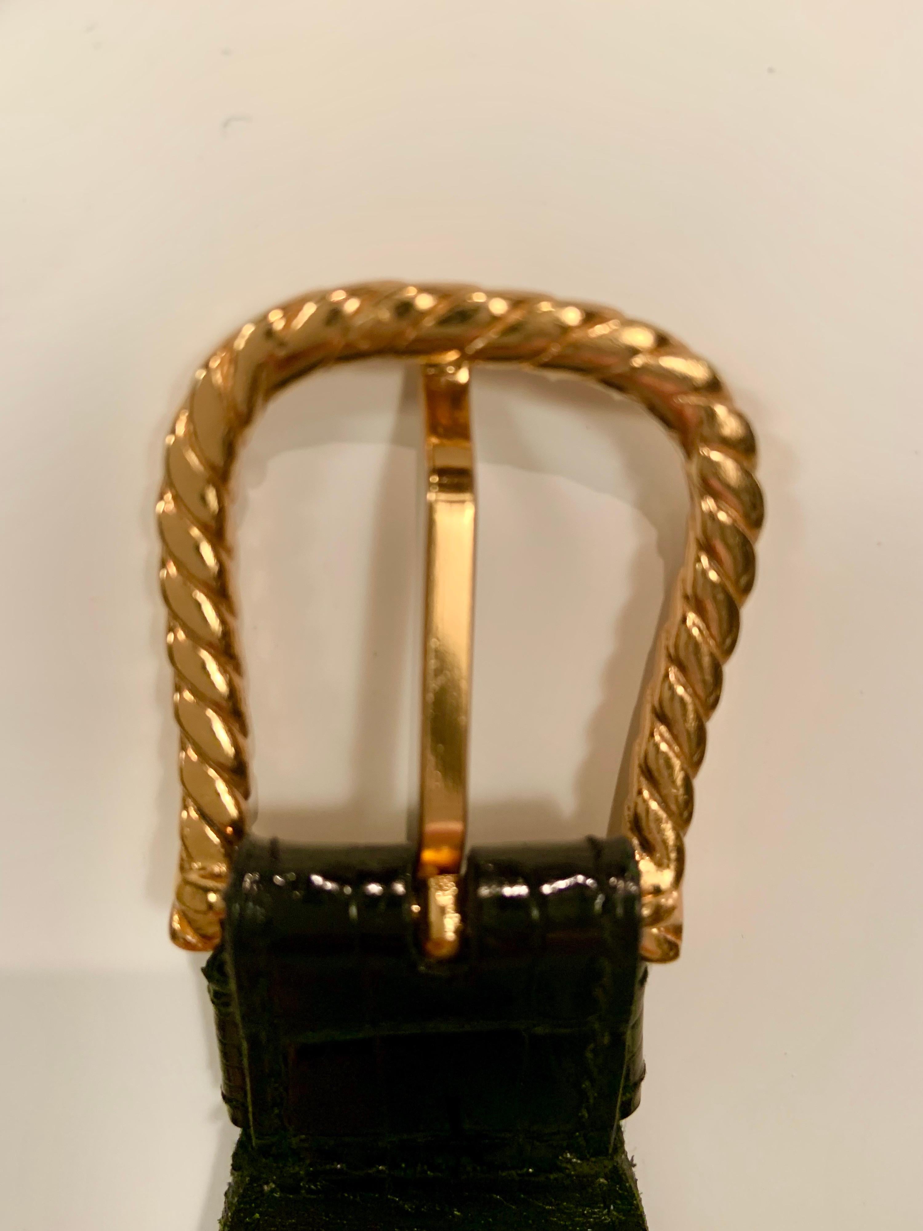 Gucci Vintage Black Alligator Belt Gold Toned Rope Twist Buckle  In Excellent Condition For Sale In New Hope, PA