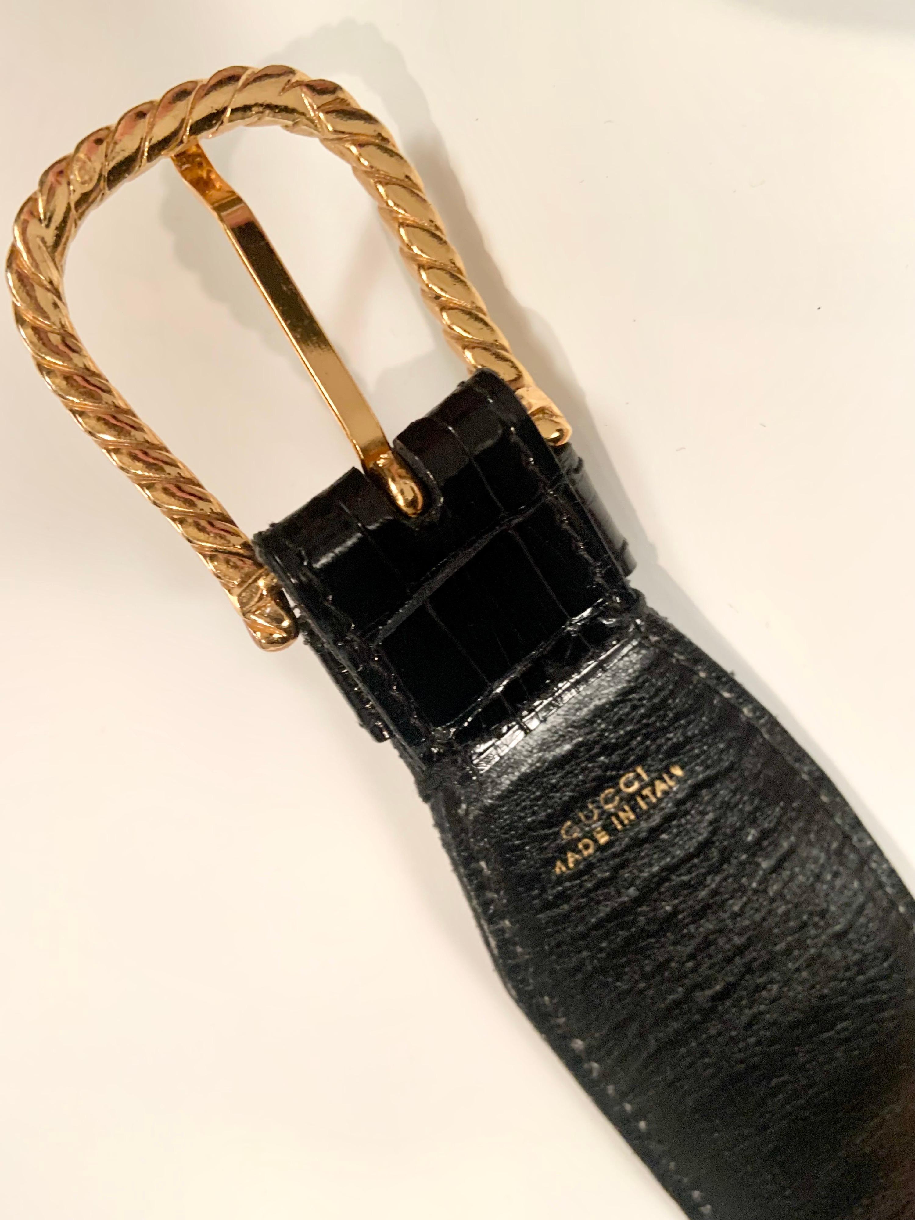 Women's Gucci Vintage Black Alligator Belt Gold Toned Rope Twist Buckle  For Sale