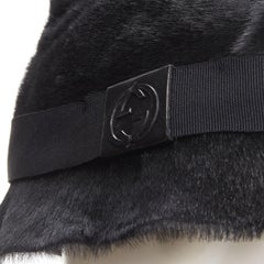GUCCI Vintage black calf hair leather GG logo grosgrain ribbon bucket hat M