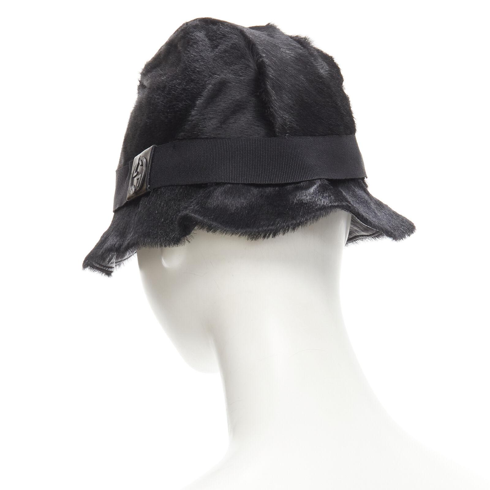 GUCCI Vintage black calf hair leather GG logo grosgrain ribbon bucket hat M For Sale 2
