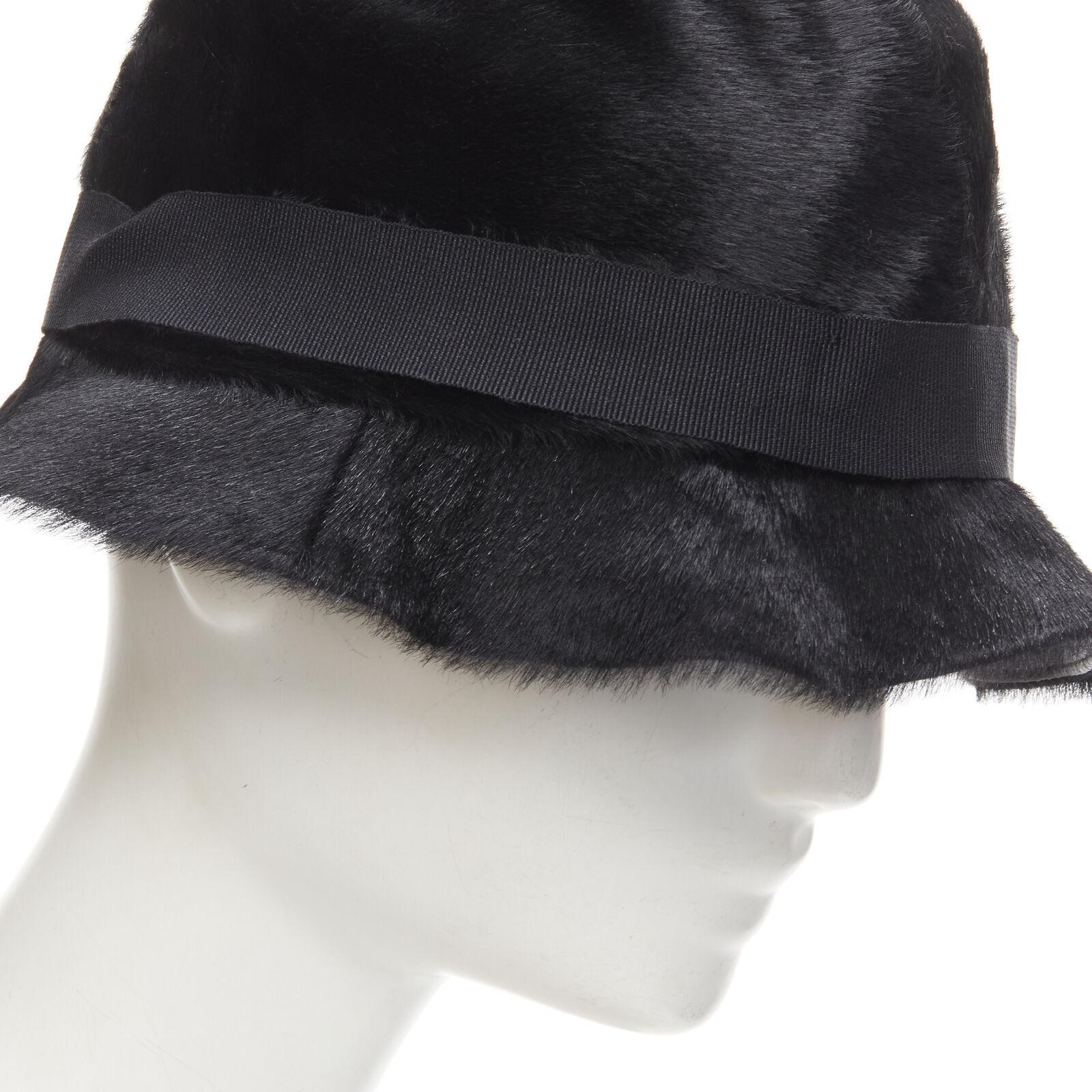 GUCCI Vintage black calf hair leather GG logo grosgrain ribbon bucket hat M For Sale 3