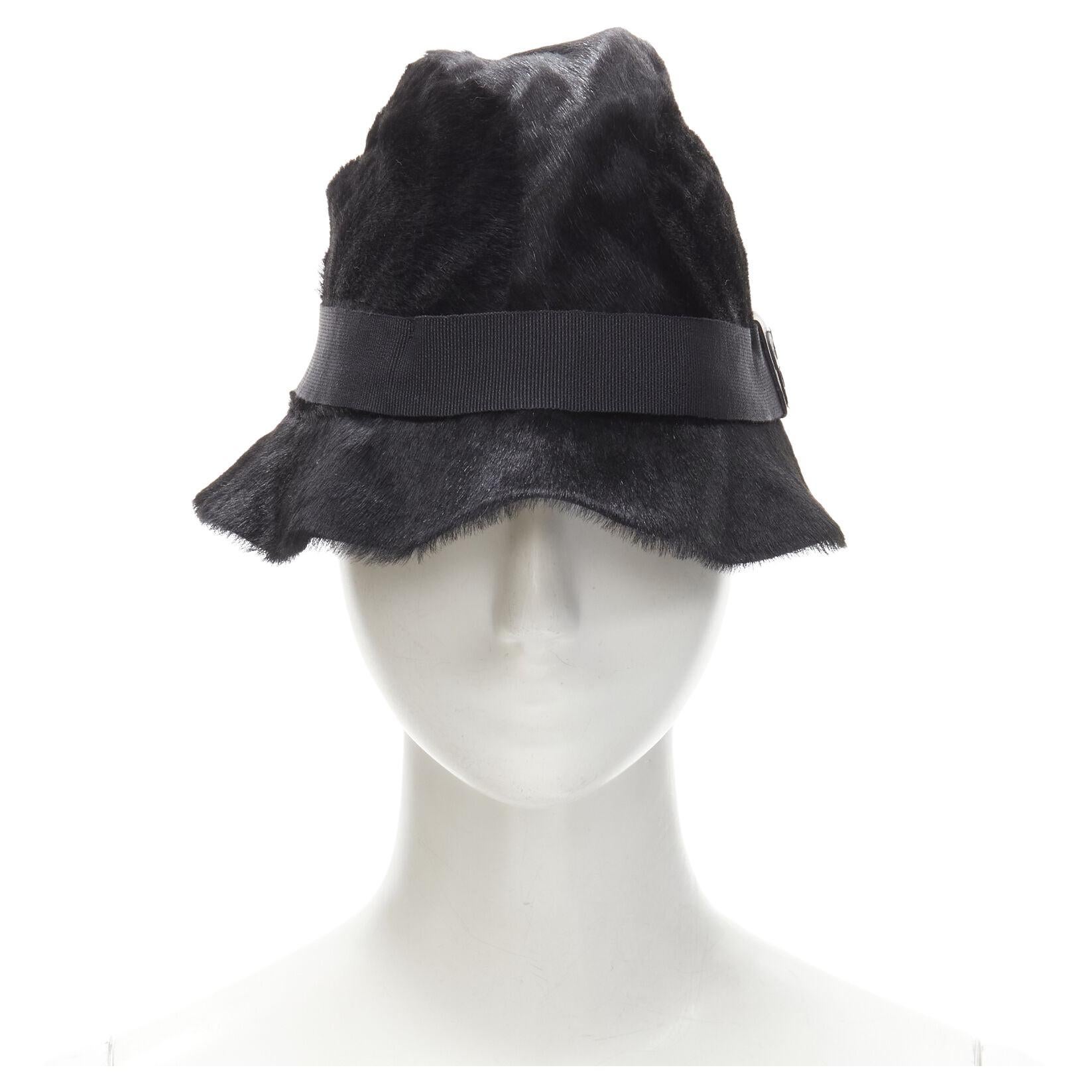 GUCCI Vintage black calf hair leather GG logo grosgrain ribbon bucket hat M For Sale