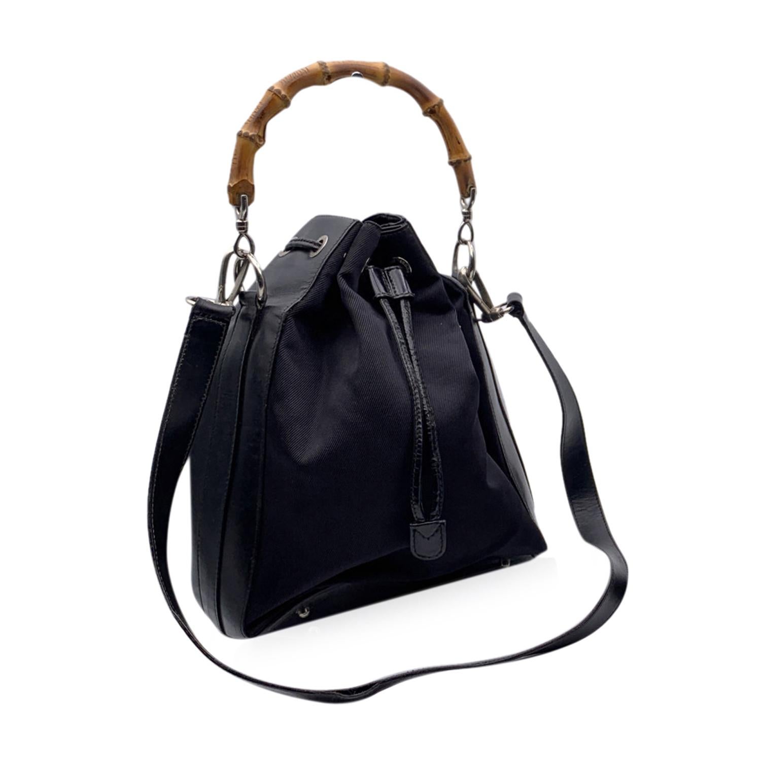 Women's Gucci Vintage Black Canvas and Leather Bucket Bag Bamboo Handle