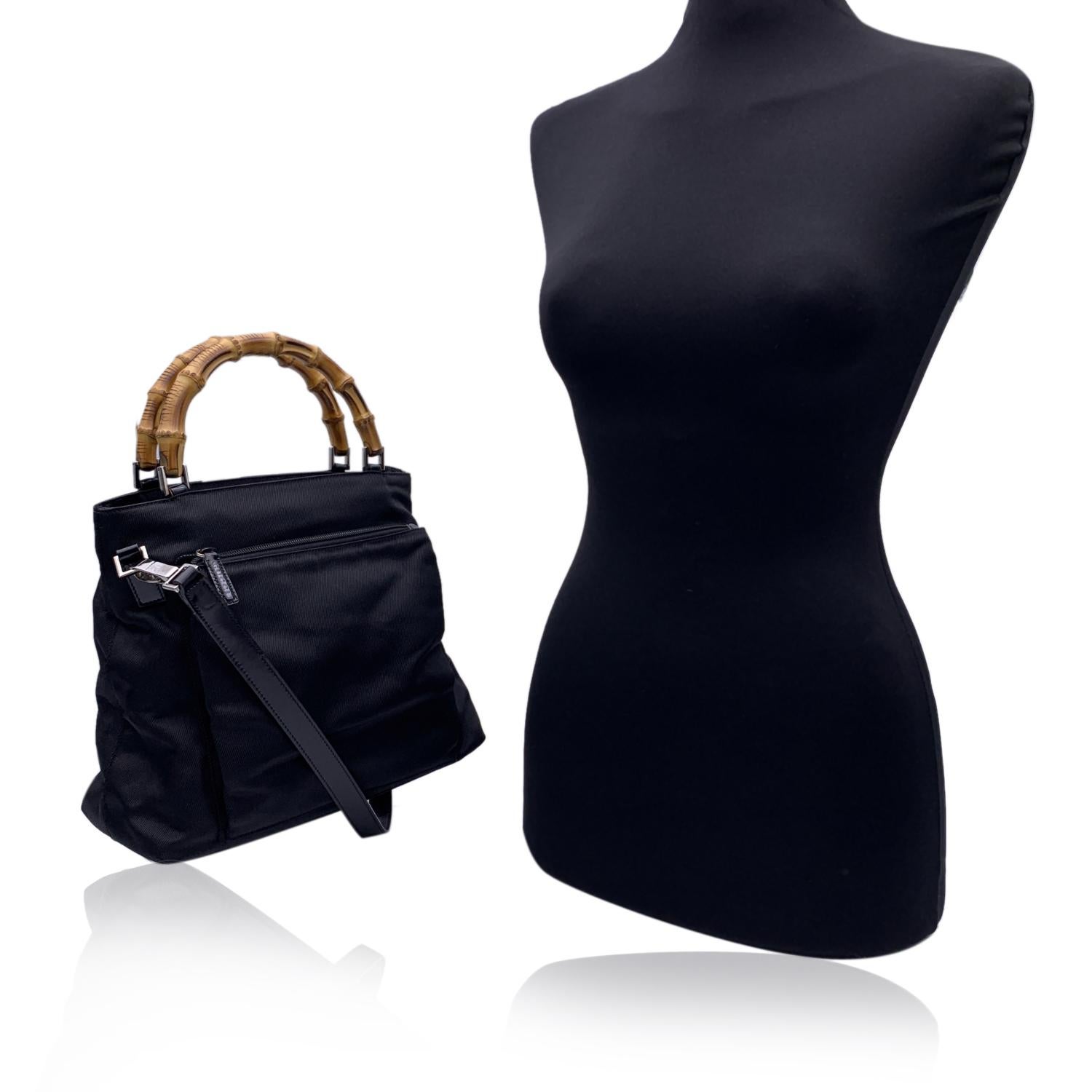 Women's Gucci Vintage Black Canvas Bamboo Tote Handbag with Strap