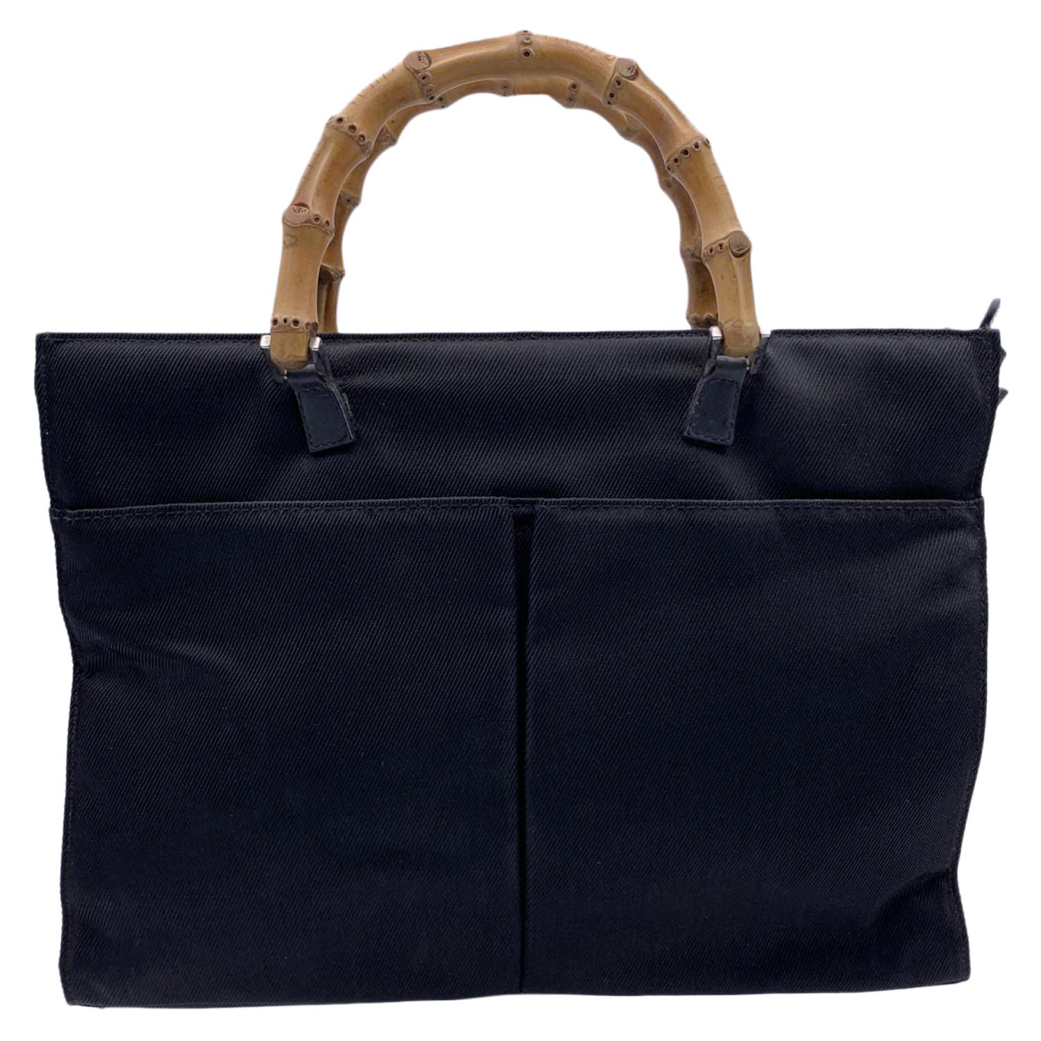 Gucci Vintage Black Canvas Front Pockets Bamboo Tote Bag For Sale At 