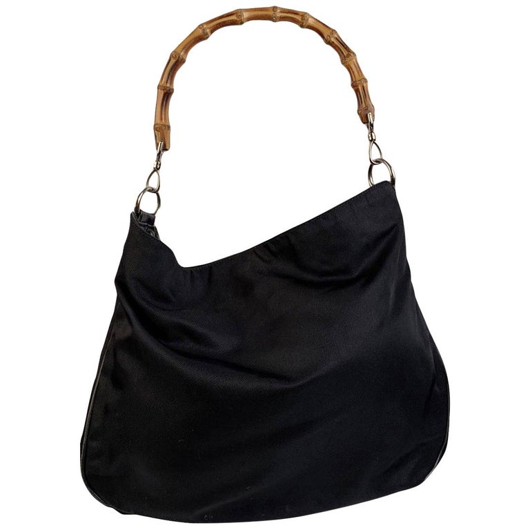 Gucci Vintage Black Canvas Hobo Shoulder Bag Tote Bamboo Handle For