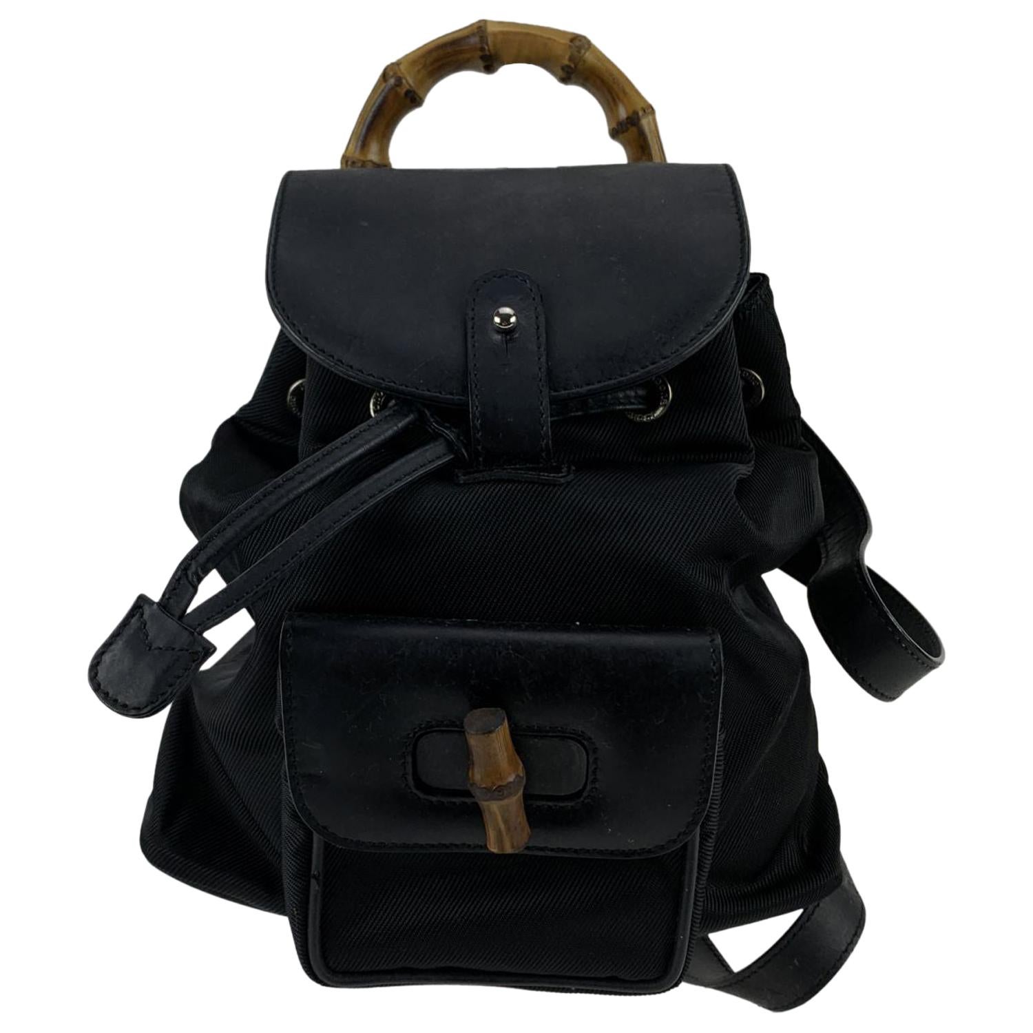 Gucci Vintage Black Canvas Small Bamboo Backpack Shoulder Bag