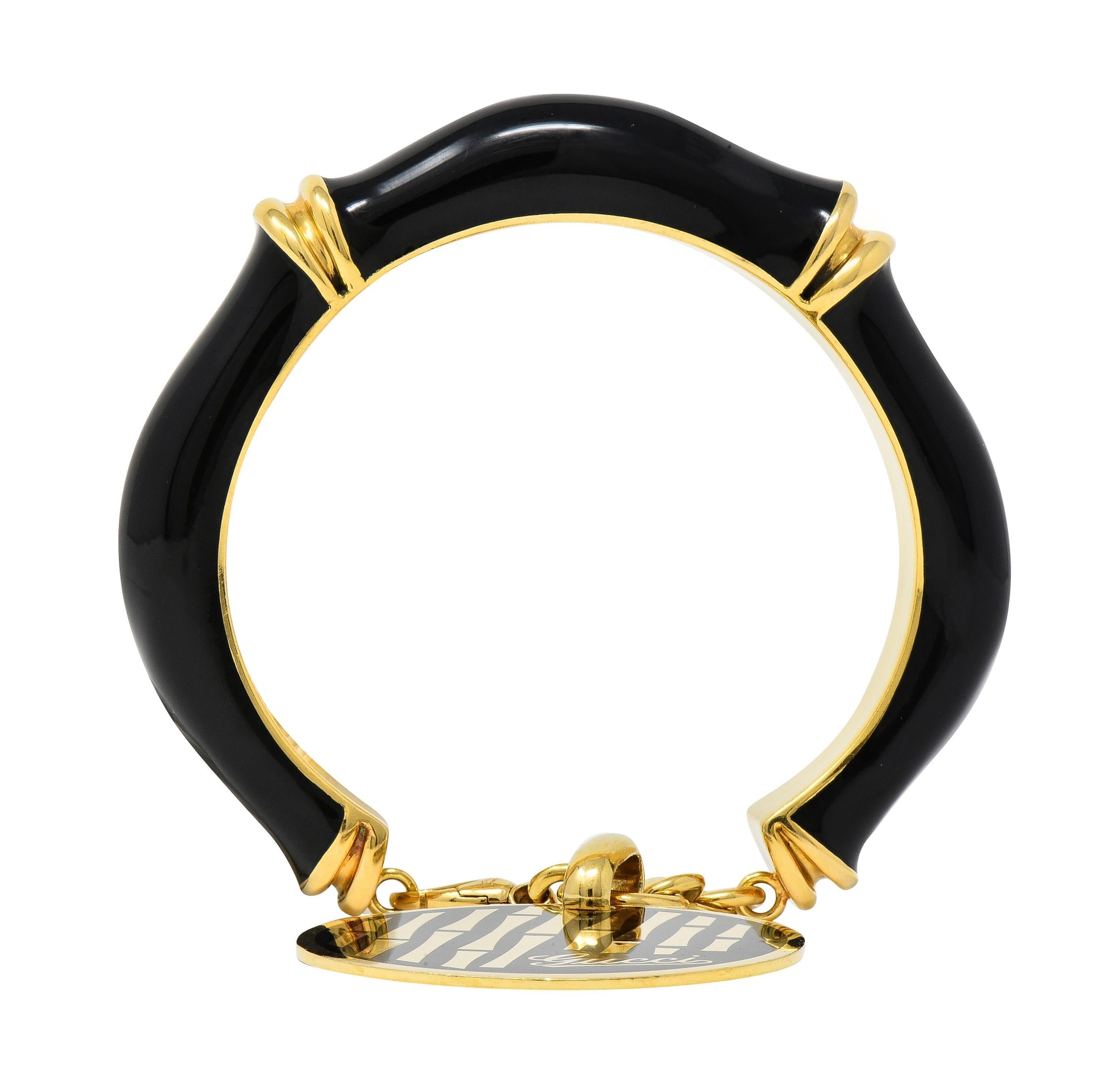Gucci Vintage Black Enamel 18 Karat Yellow Gold Bamboo Cuff Charm Bracelet For Sale 5