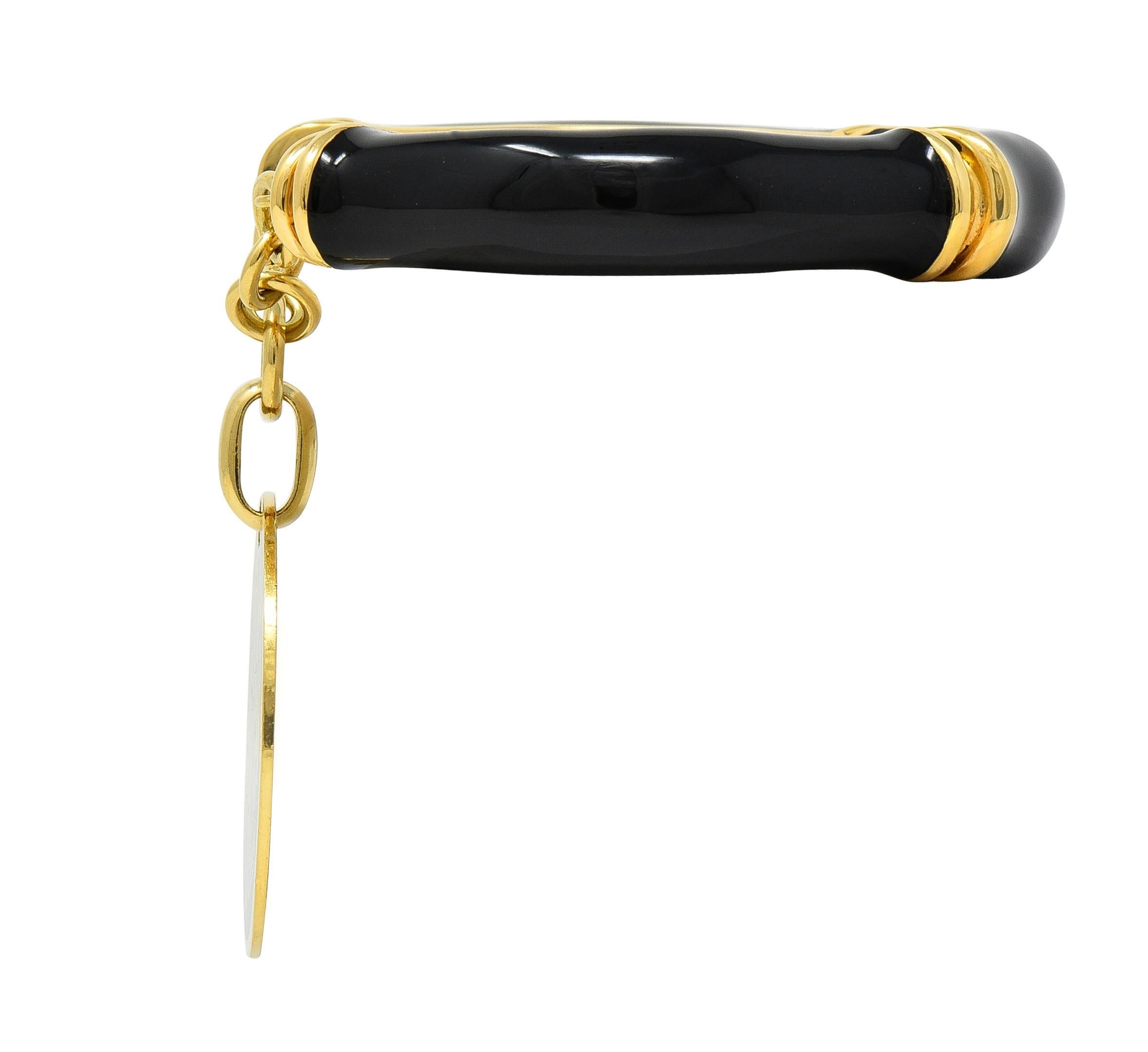 Gucci Vintage Black Enamel 18 Karat Yellow Gold Bamboo Cuff Charm Bracelet In Excellent Condition For Sale In Philadelphia, PA