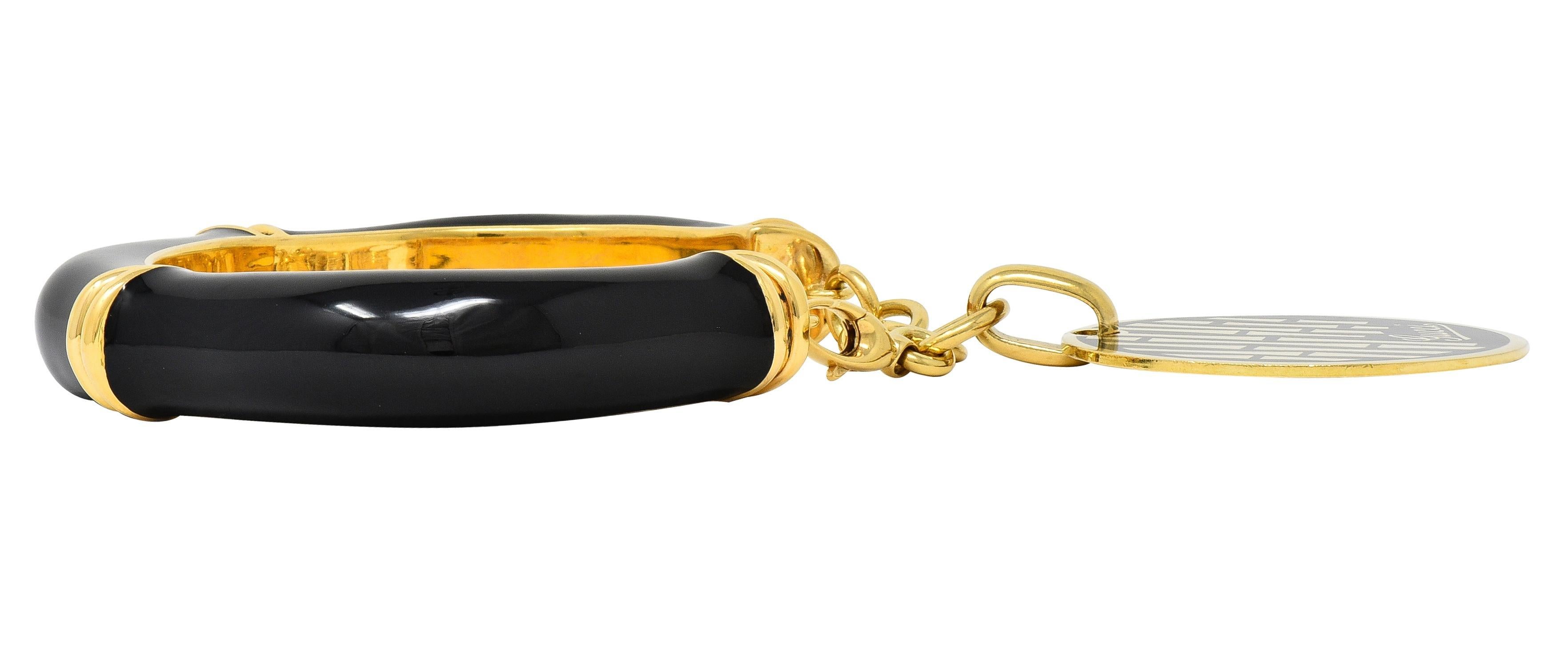 Women's or Men's Gucci Vintage Black Enamel 18 Karat Yellow Gold Bamboo Cuff Charm Bracelet For Sale