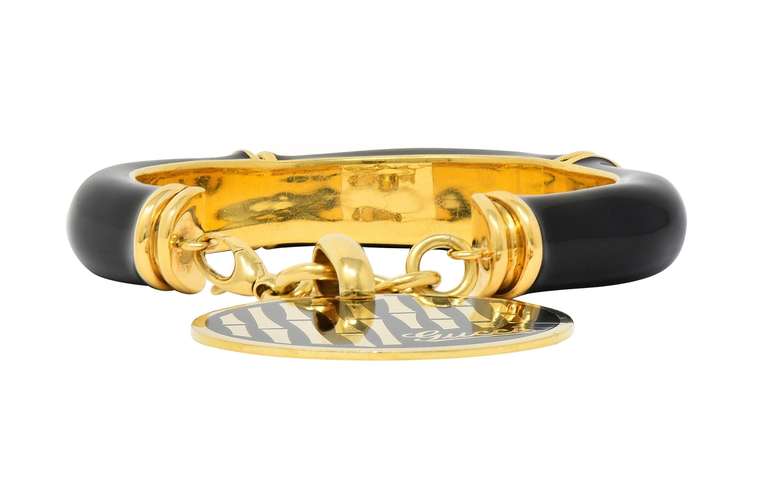 Gucci Vintage Black Enamel 18 Karat Yellow Gold Bamboo Cuff Charm Bracelet For Sale 1