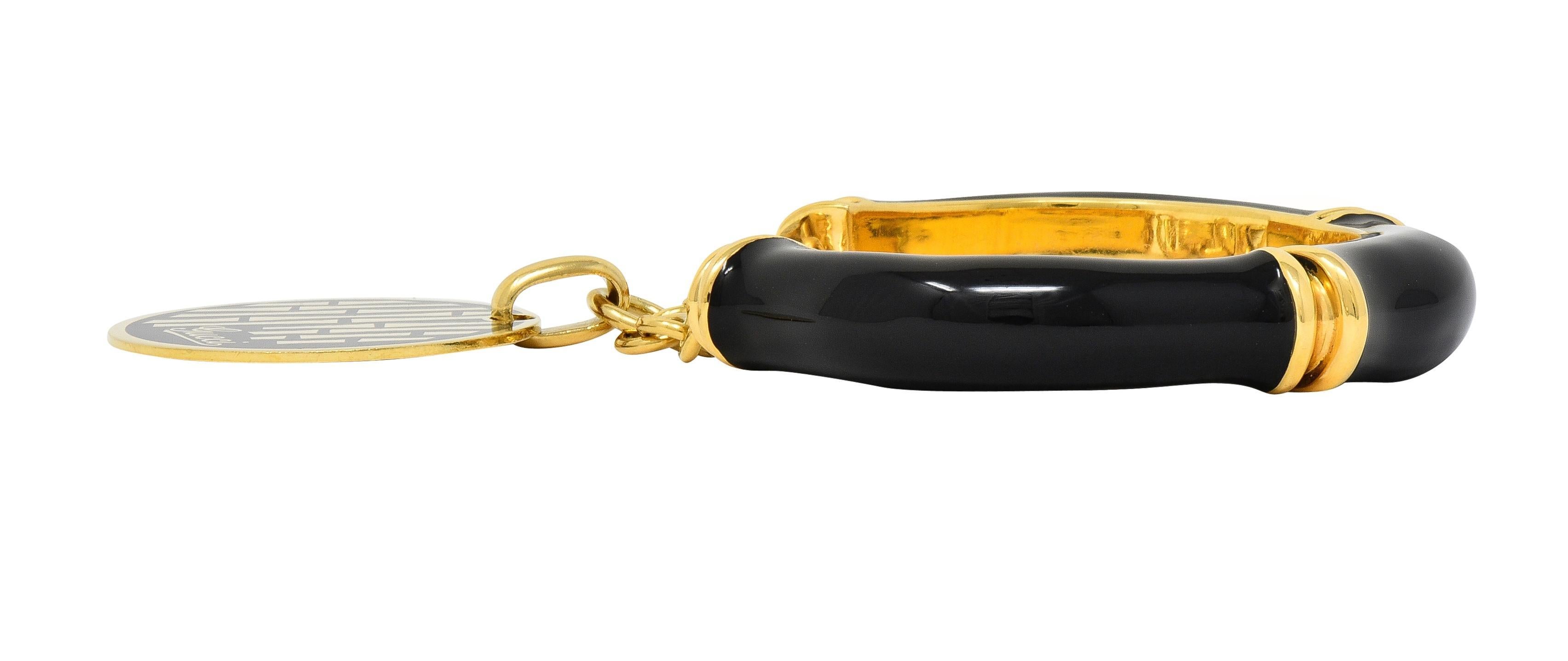 Gucci Vintage Black Enamel 18 Karat Yellow Gold Bamboo Cuff Charm Bracelet For Sale 2