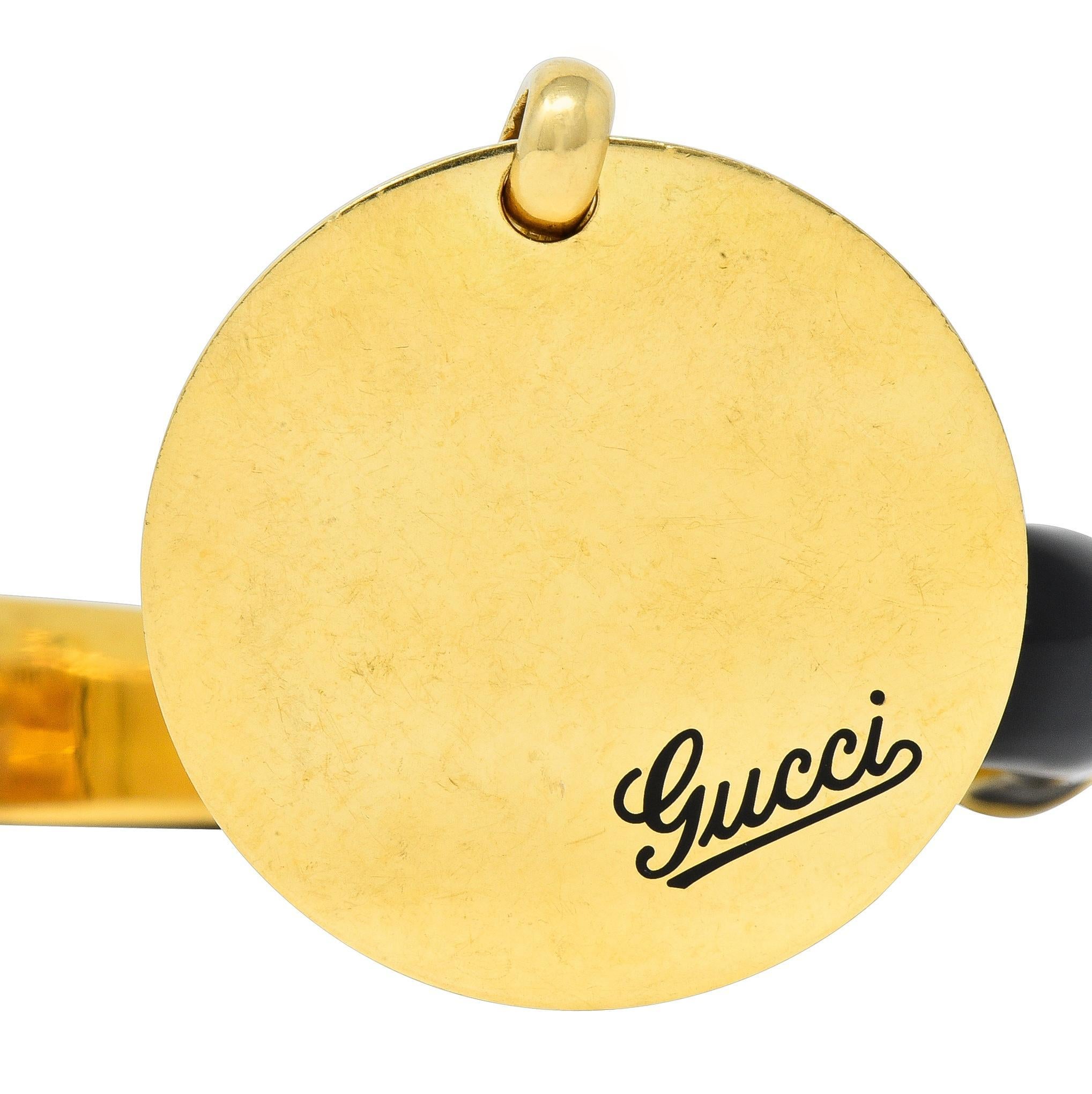 Gucci Vintage Black Enamel 18 Karat Yellow Gold Bamboo Cuff Charm Bracelet For Sale 3