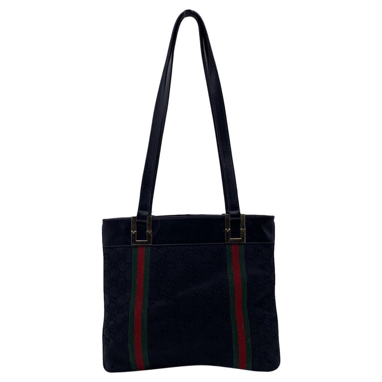 Gucci Vintage Black GG Monogram Canvas Tote Bag with Stripes