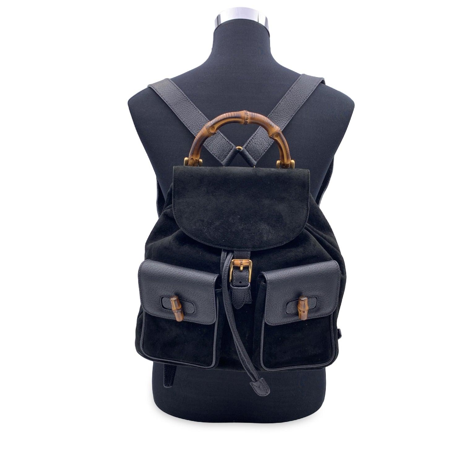 Gucci Vintage Black Leather and Suede Bamboo Backpack Bag In Excellent Condition In Rome, Rome