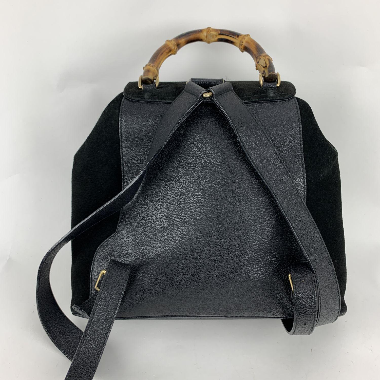 Gucci Vintage Black Leather and Suede Bamboo Backpack Bag In Good Condition In Rome, Rome