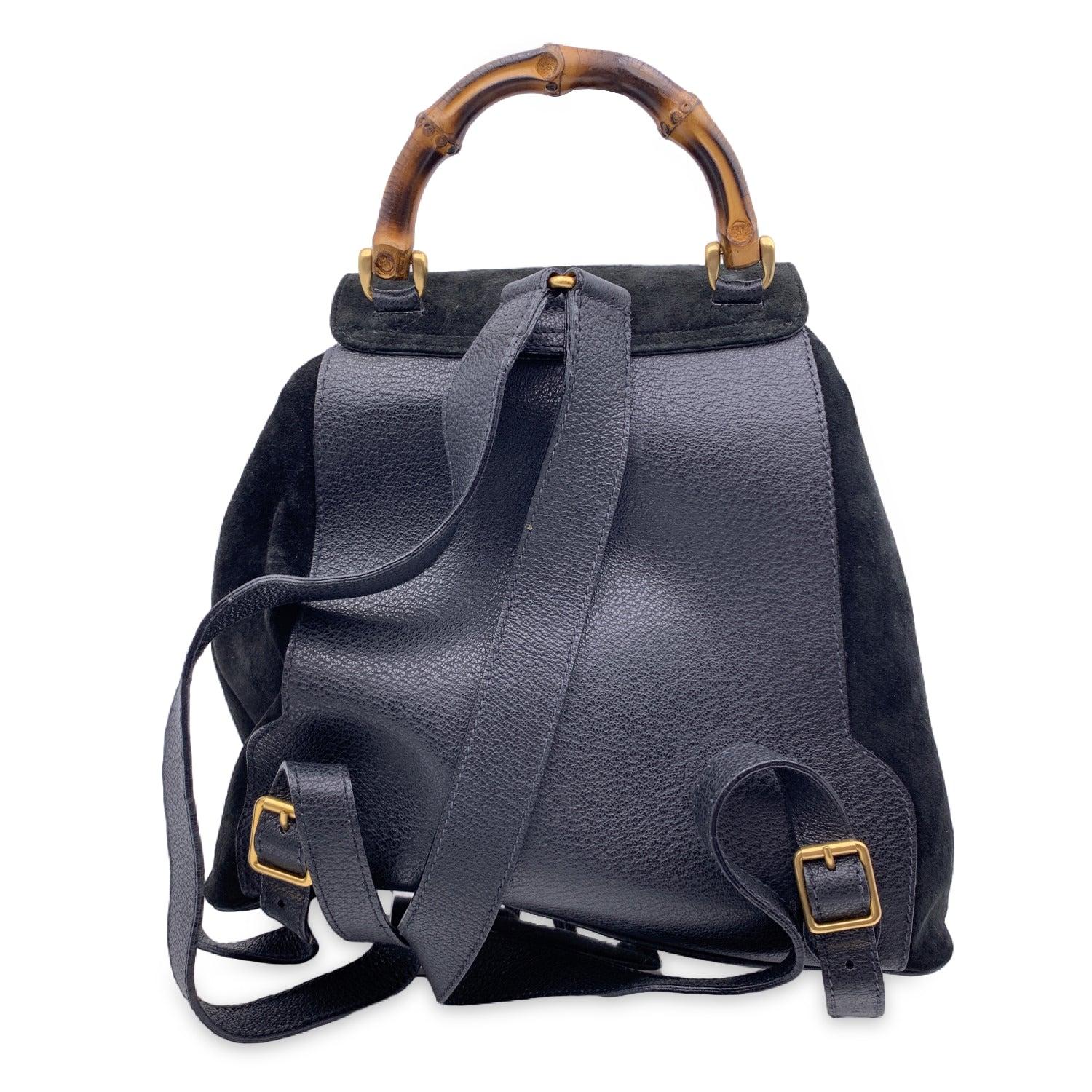 Women's Gucci Vintage Black Leather and Suede Bamboo Backpack Bag