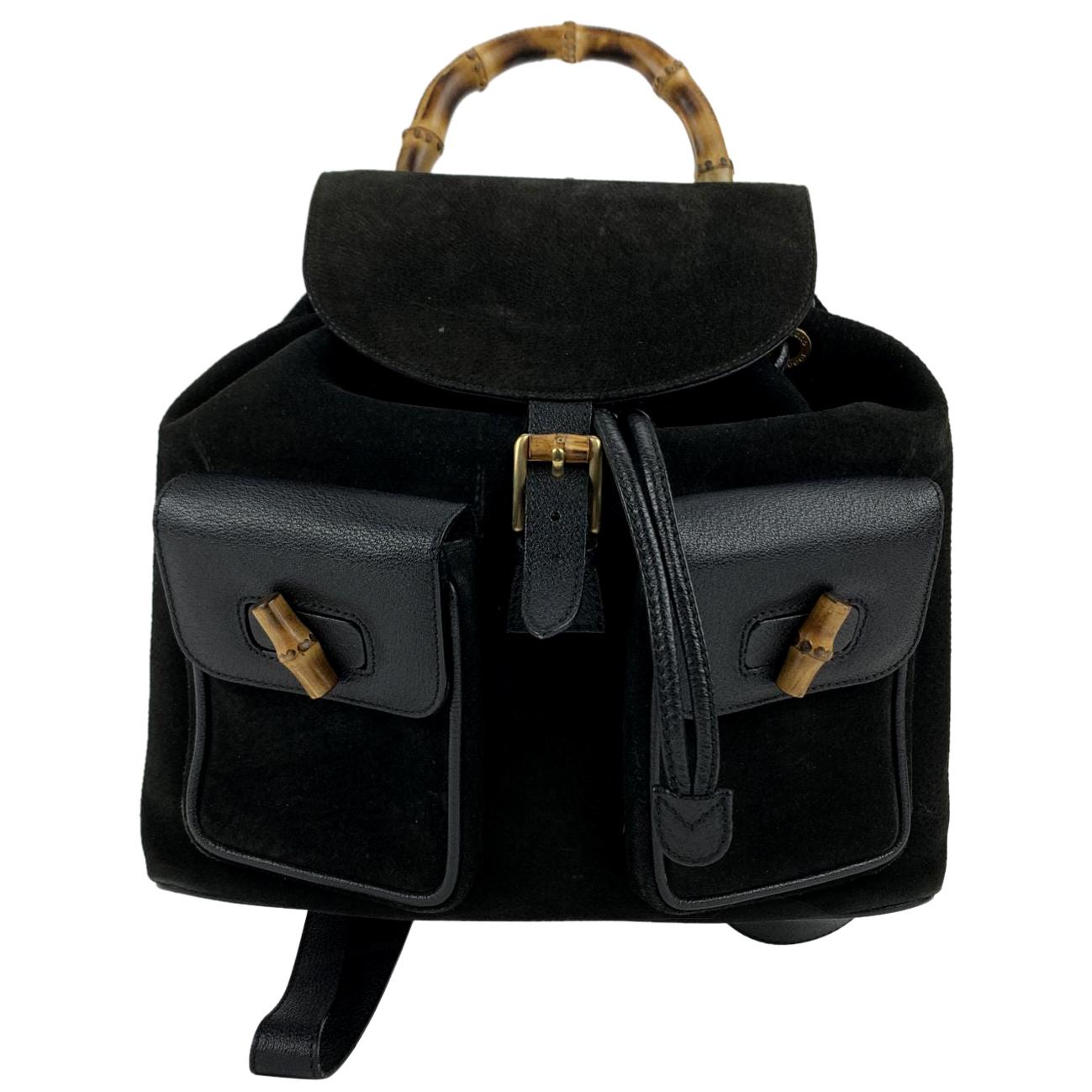 Gucci Vintage Black Leather and Suede Bamboo Backpack Bag