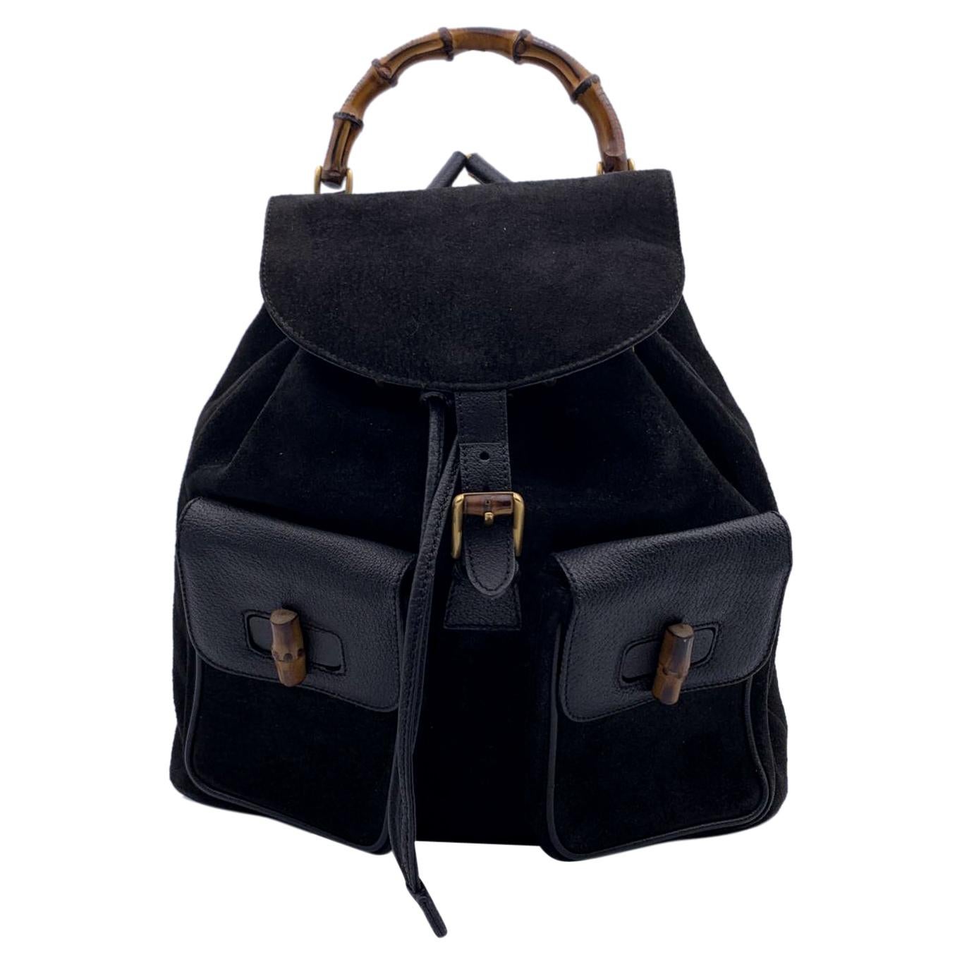 Gucci Vintage Black Leather and Suede Bamboo Backpack Bag