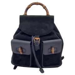 Gucci Vintage Black Leather and Suede Bamboo Backpack Bag