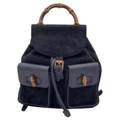 Gucci Retro Black Leather and Suede Bamboo Backpack Bag