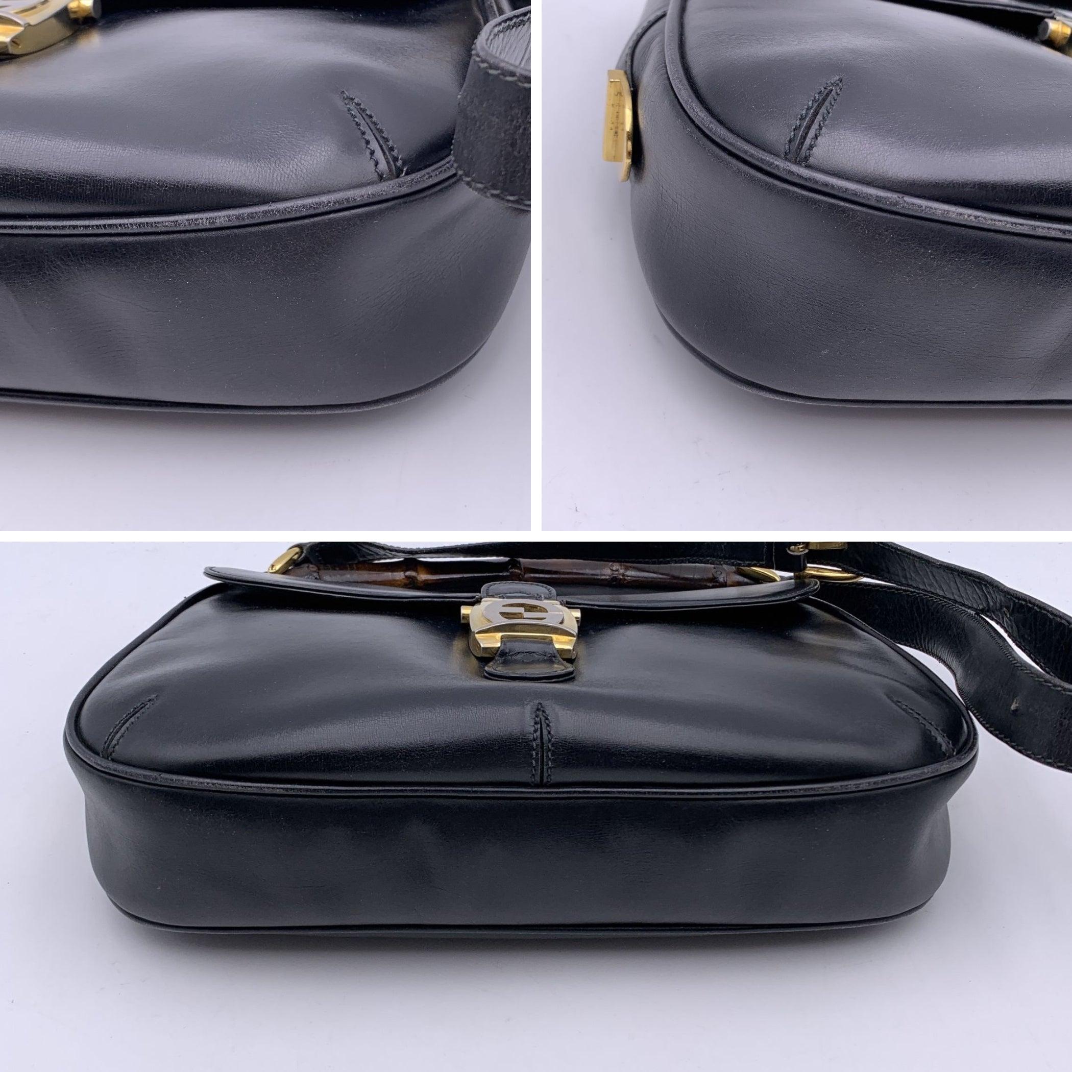 Women's Gucci Vintage Black Leather Bamboo Flap Shoulder Bag
