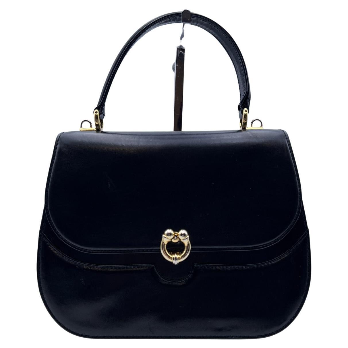 Gucci Vintage Black Leather Box Handbag with Shoulder Strap