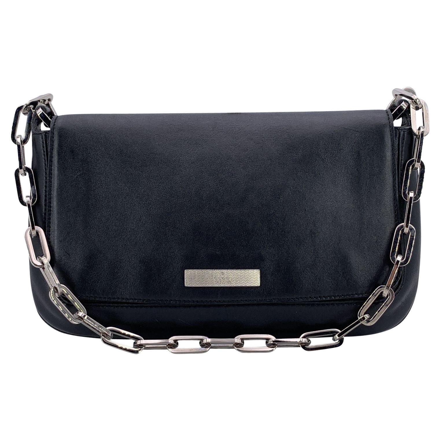 Gucci Vintage Black Leather Chain Flap Handbag Shoulder Bag