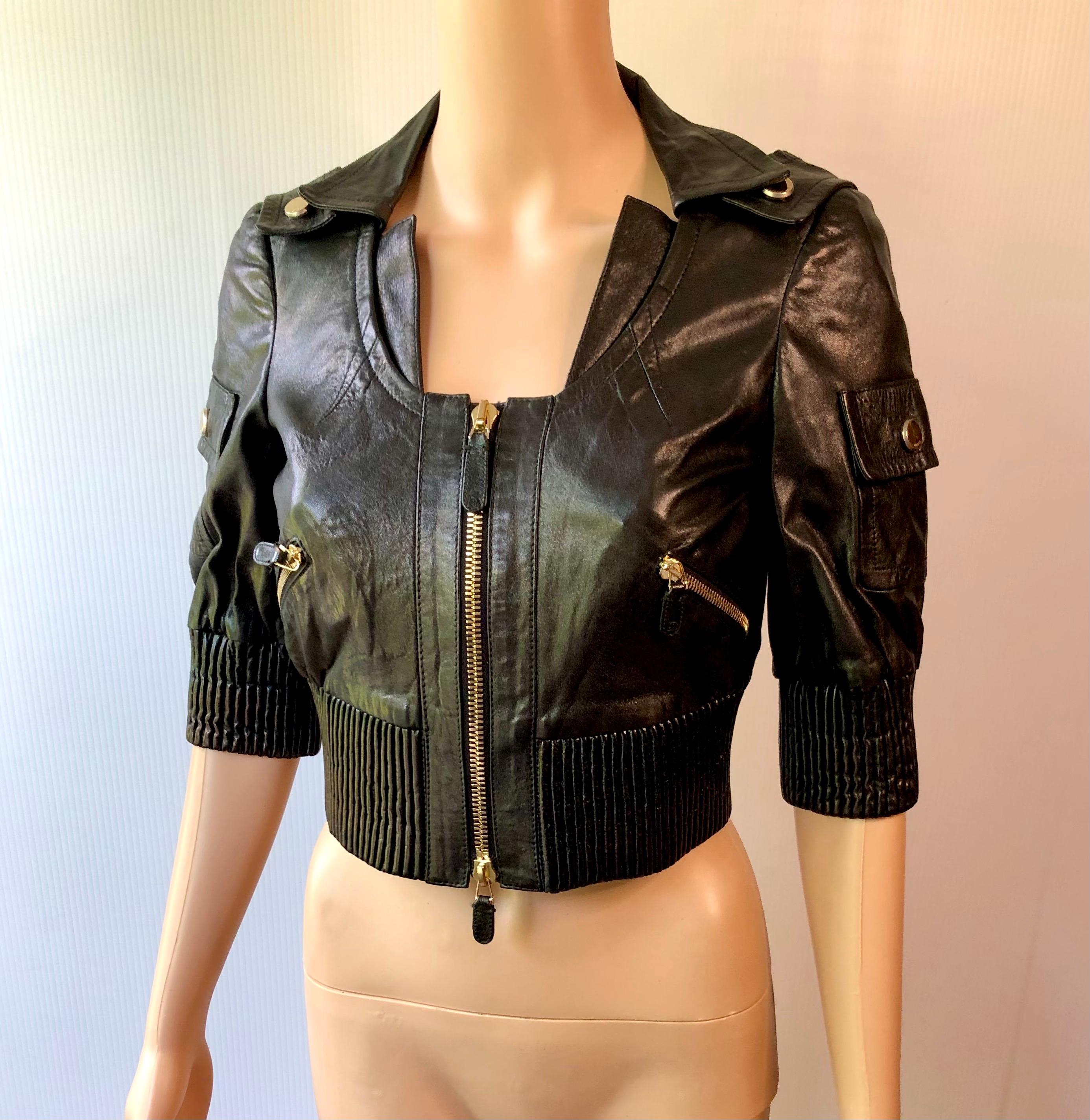 Gucci Vintage Black Leather Crop Top Biker Jacket Coat IT 38