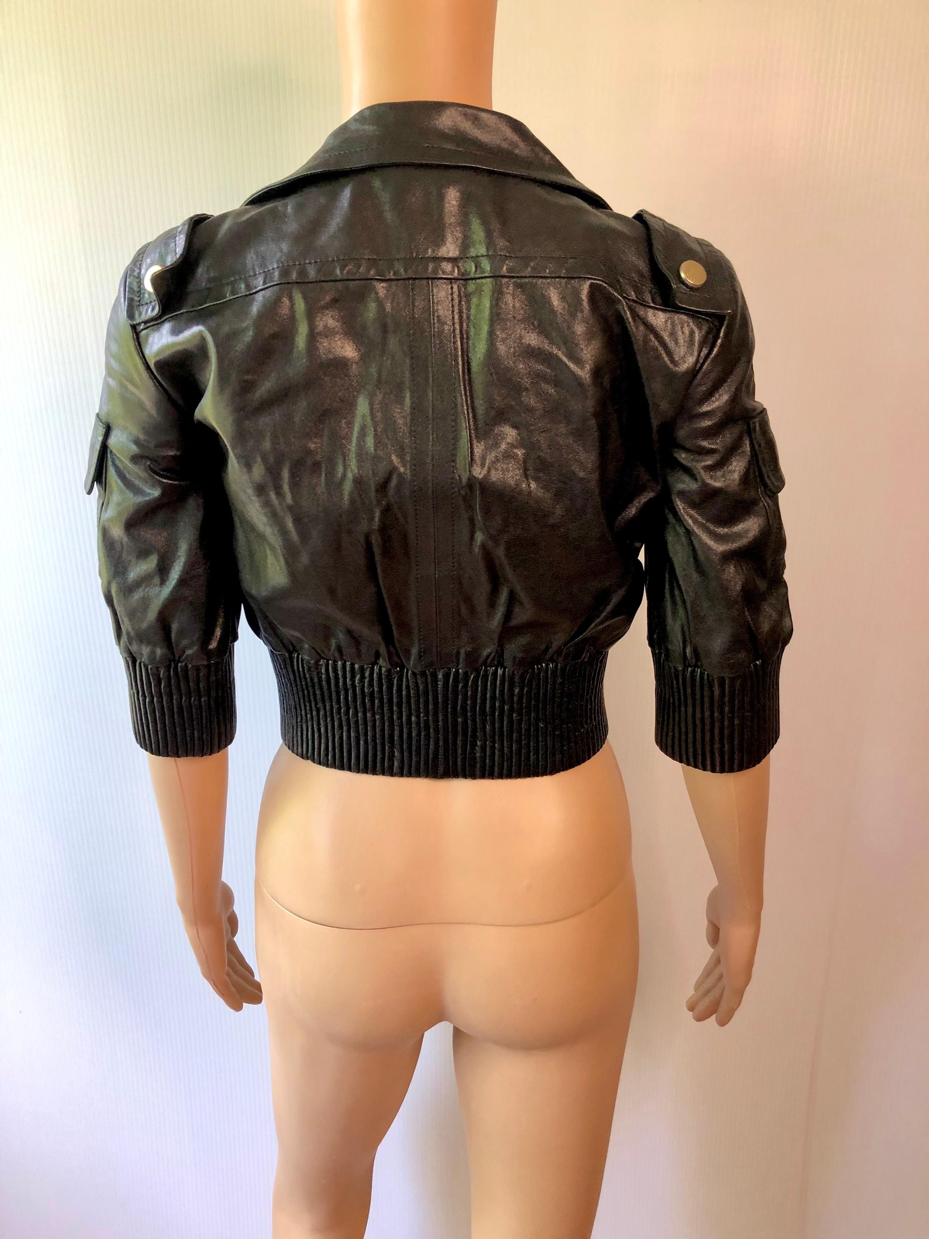 Gucci Vintage Black Leather Crop Top Biker Jacket Coat In Good Condition In Naples, FL