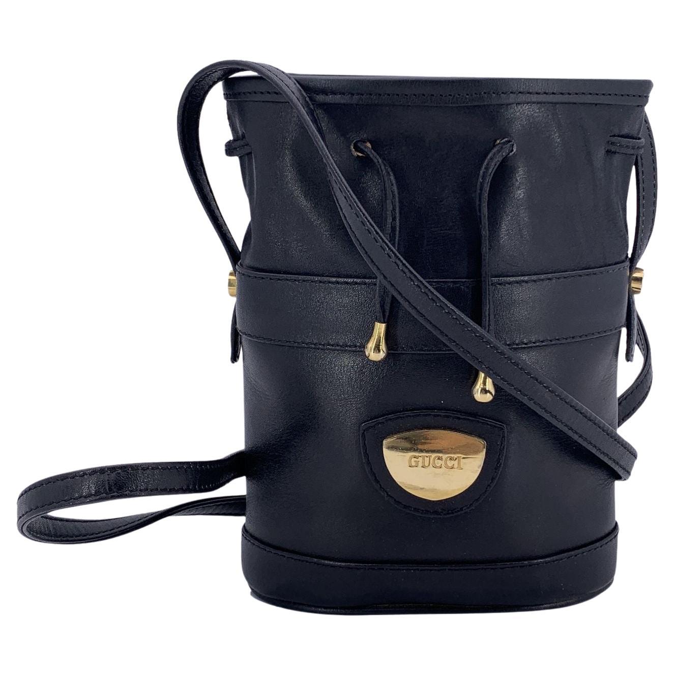 Gucci Vintage Black Leather Drawstring Mini Bucket Bag For Sale