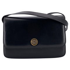 Gucci Vintage Black Leather Flap GG Gold Logo Shoulder Bag