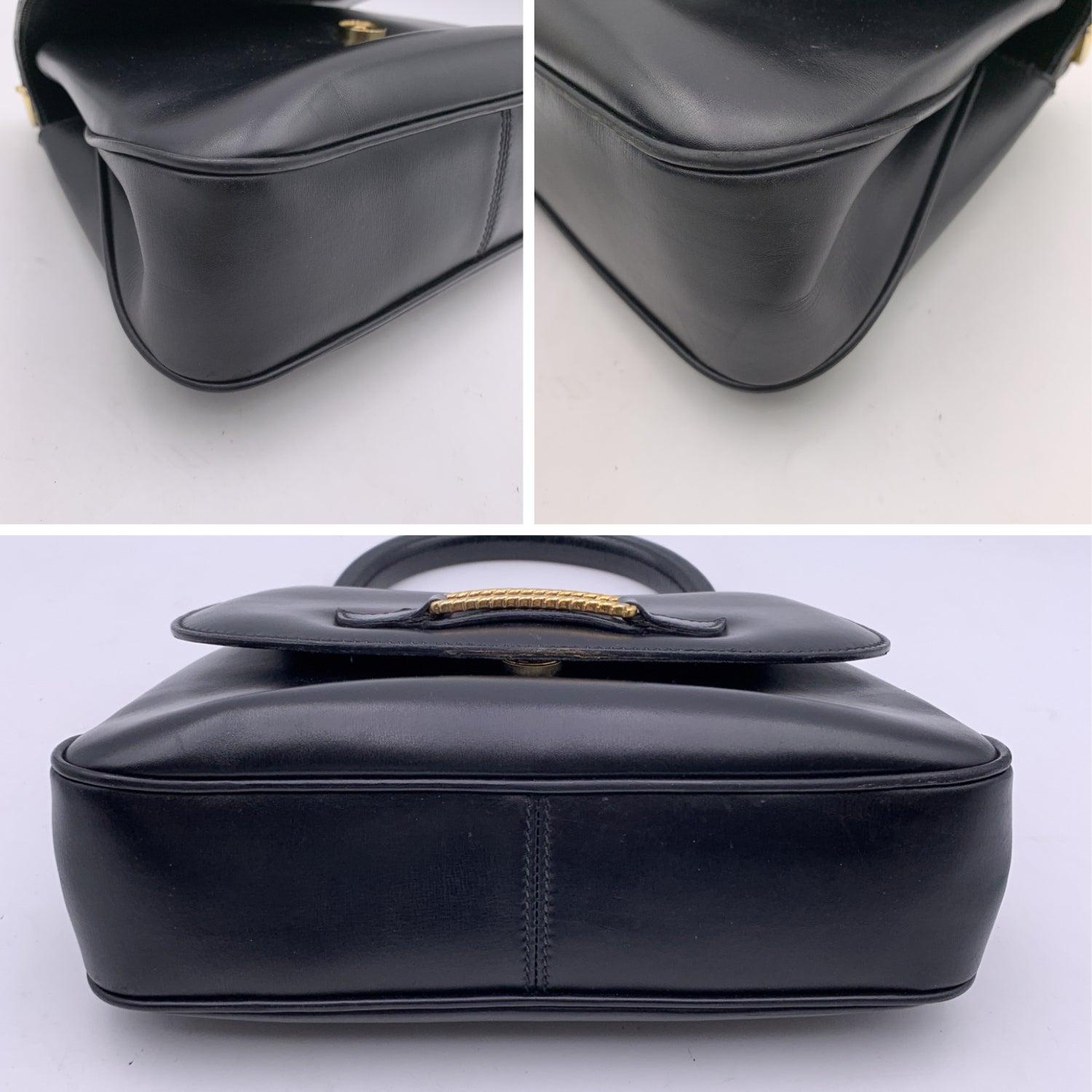 Women's Gucci Vintage Black Leather Flap Handbag Top Handle Bag