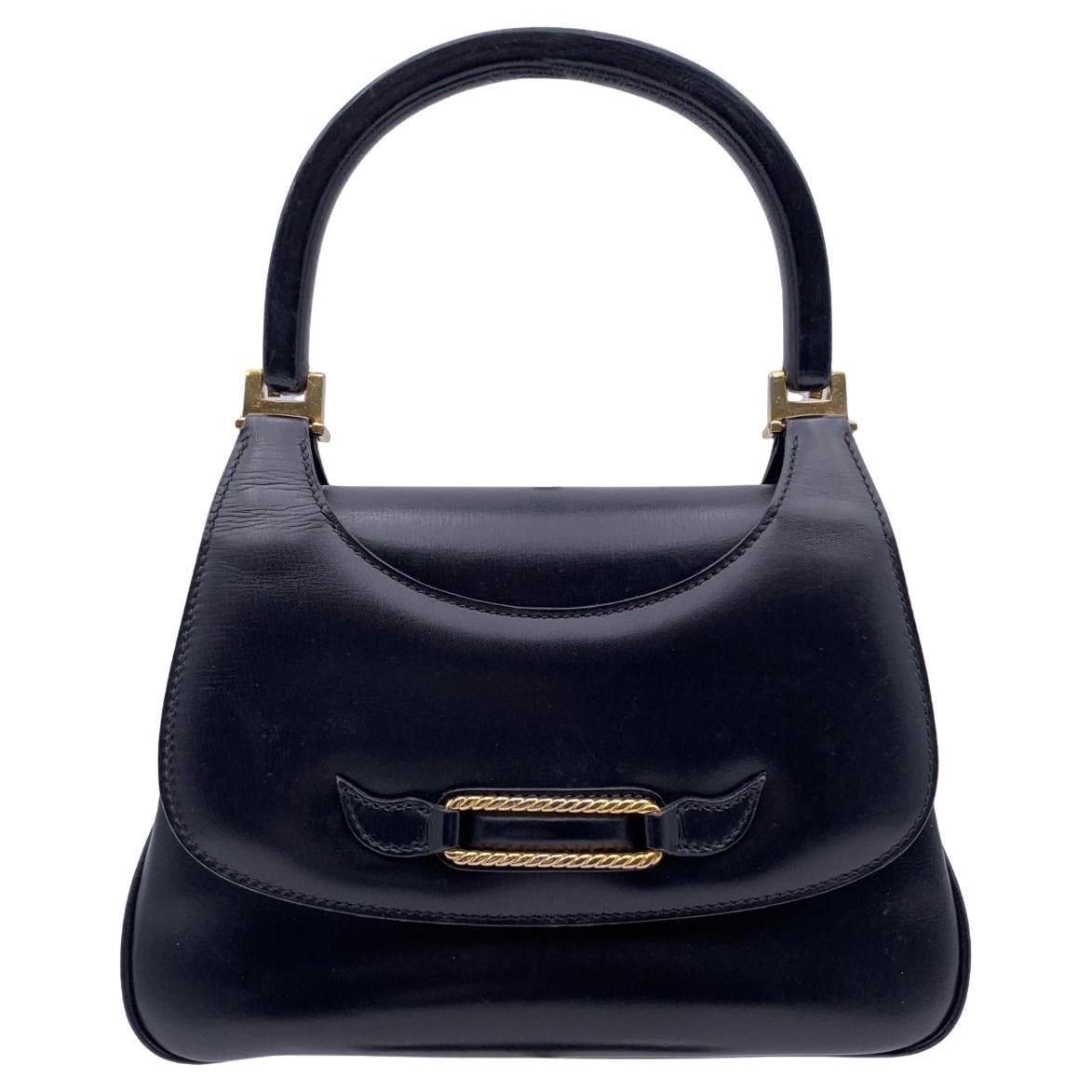 Gucci Vintage Black Leather Flap Handbag Top Handle Bag