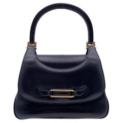Gucci Vintage Black Leather Flap Handbag Top Handle Bag