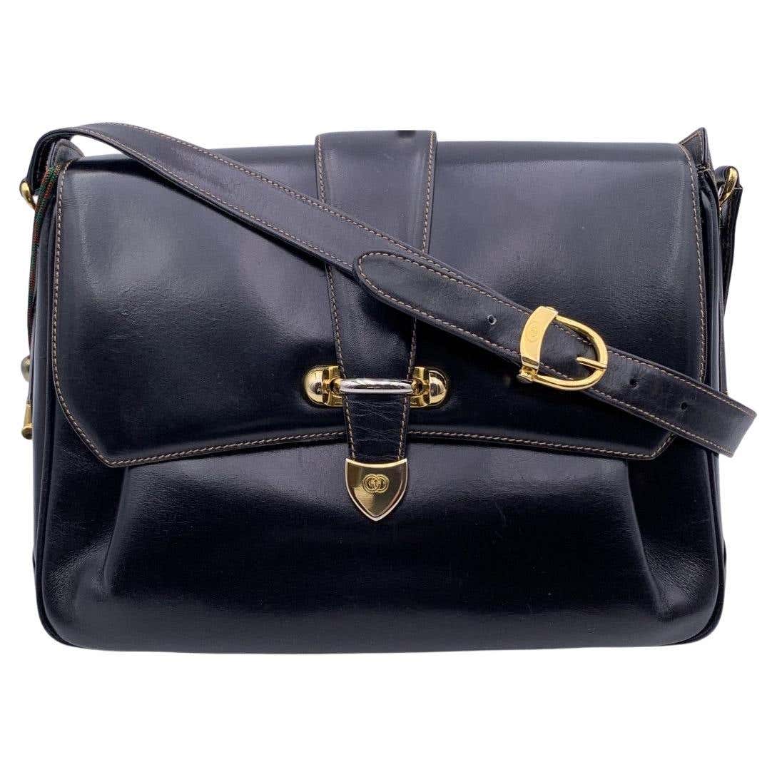 Gucci Vintage Black Leather Flap Shoulder Bag Messenger For Sale at 1stDibs
