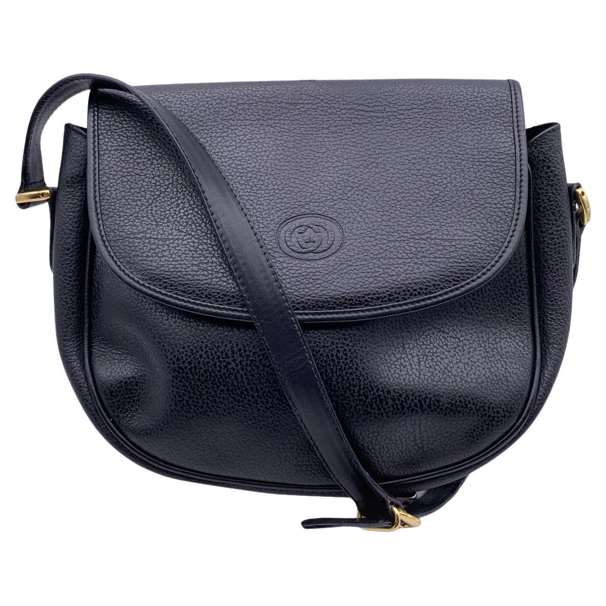 Gucci Vintage Black Leather Flap Shoulder Bag Messenger