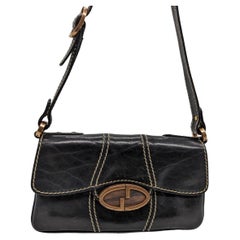 Gucci Vintage Black Leather GG Buckle Detail Shoulder Bag 124259