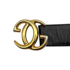 Gucci Vintage Black Leather GG Logo Gold Metal Buckle Size