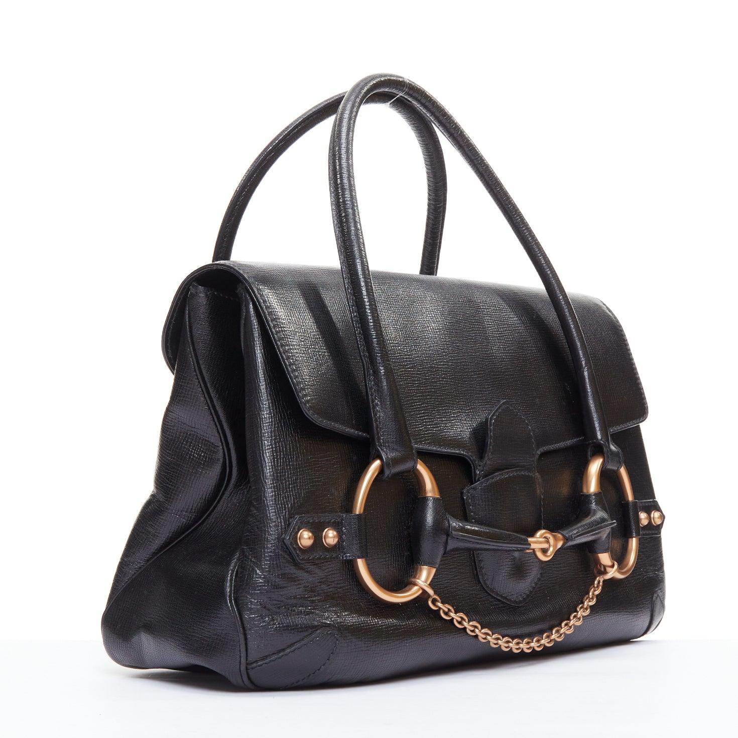Gray GUCCI Vintage black leather gold horsebit chain tote bag