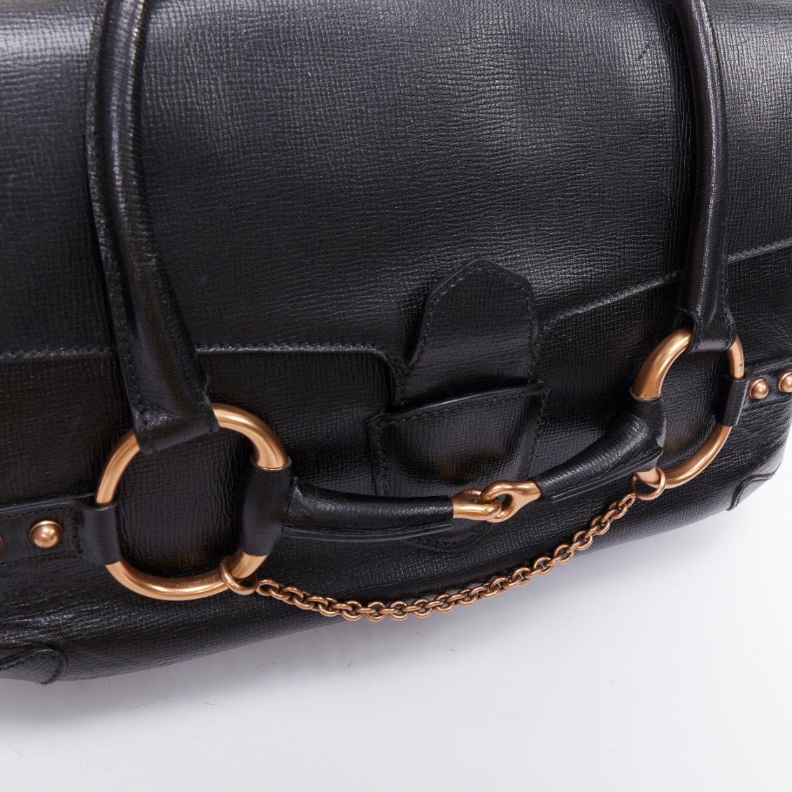 GUCCI Vintage black leather gold horsebit chain tote bag 2