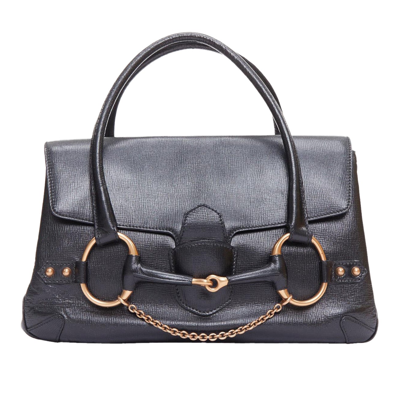 GUCCI Vintage black leather gold horsebit chain tote bag