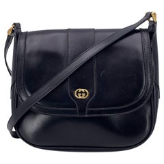Gucci Vintage Black Leather Gold Logo Shoulder Crossbody Bag