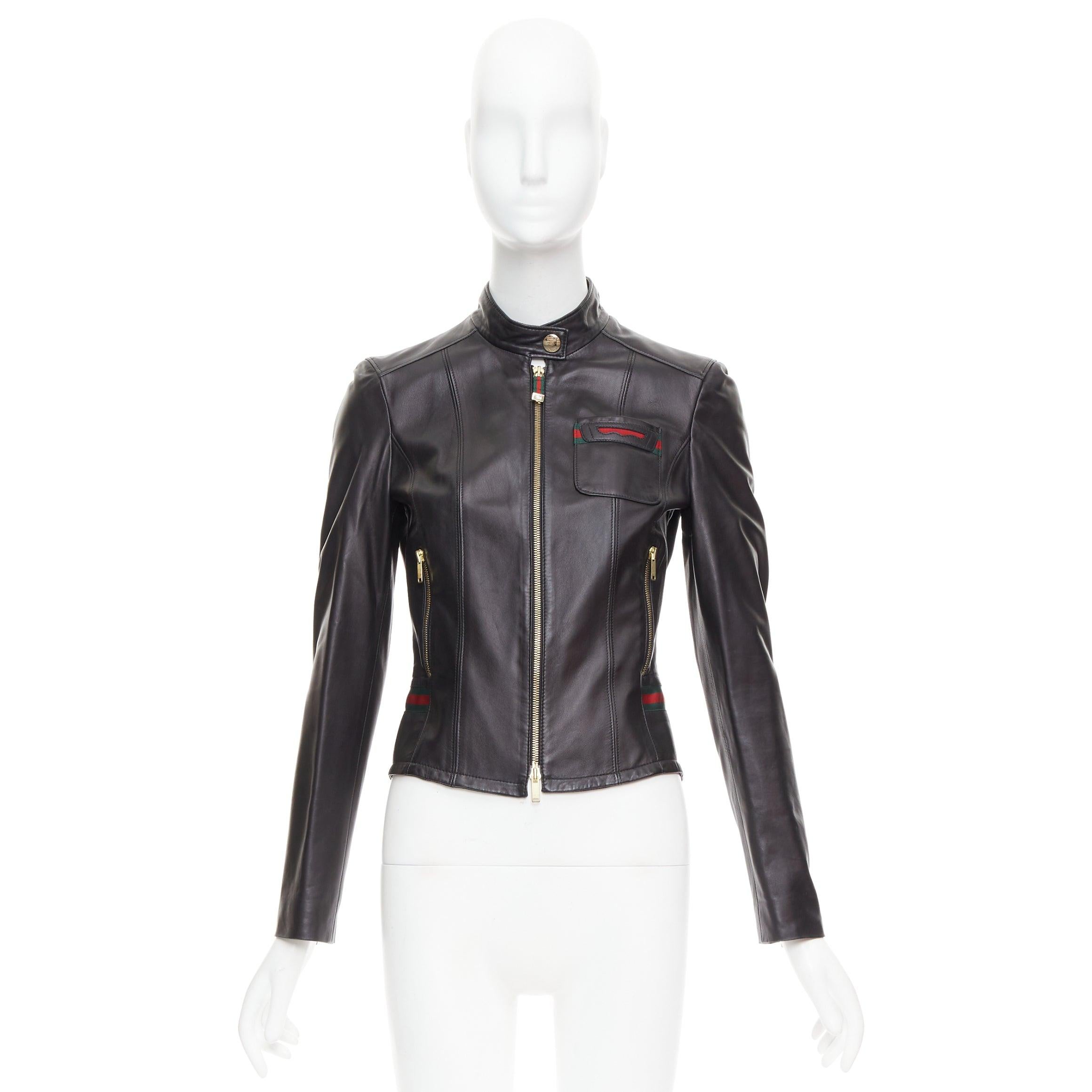 GUCCI Vintage black leather green red web moto biker jacket IT38 XS For Sale 5