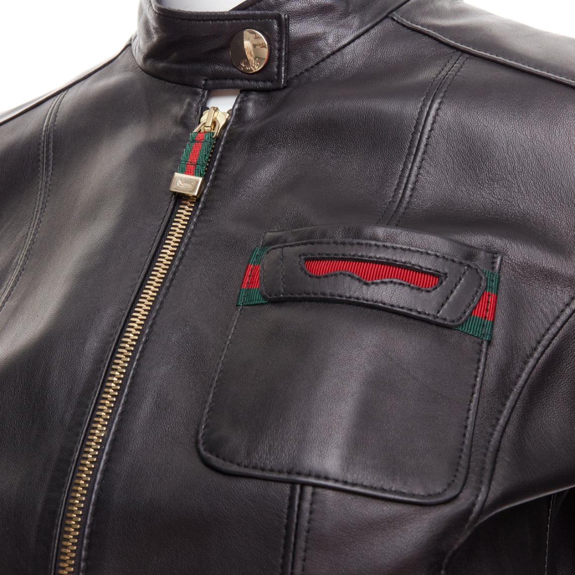 GUCCI Vintage black leather green red web moto biker jacket IT38 XS
Reference: GEGG/A00149
Brand: Gucci
Material: Leather
Color: Black, Red
Pattern: Striped
Closure: Zip
Lining: Black Cupro
Extra Details: This black leather jacket features gold