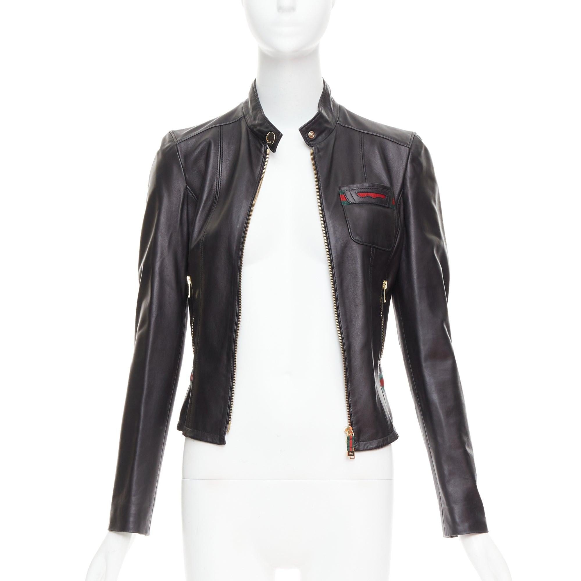 Black GUCCI Vintage black leather green red web moto biker jacket IT38 XS For Sale